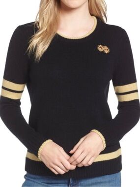 Draper James 100% Wool Spirit Sweater Medium Black Gold Beige Trim Preppy